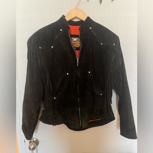 Black Harley Davidson Leather Suede Fringe Jacket